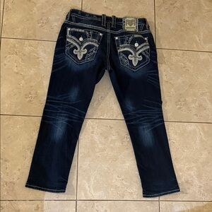 Rock Revival Dark Blue Straight Jeans with Embroidered Pockets